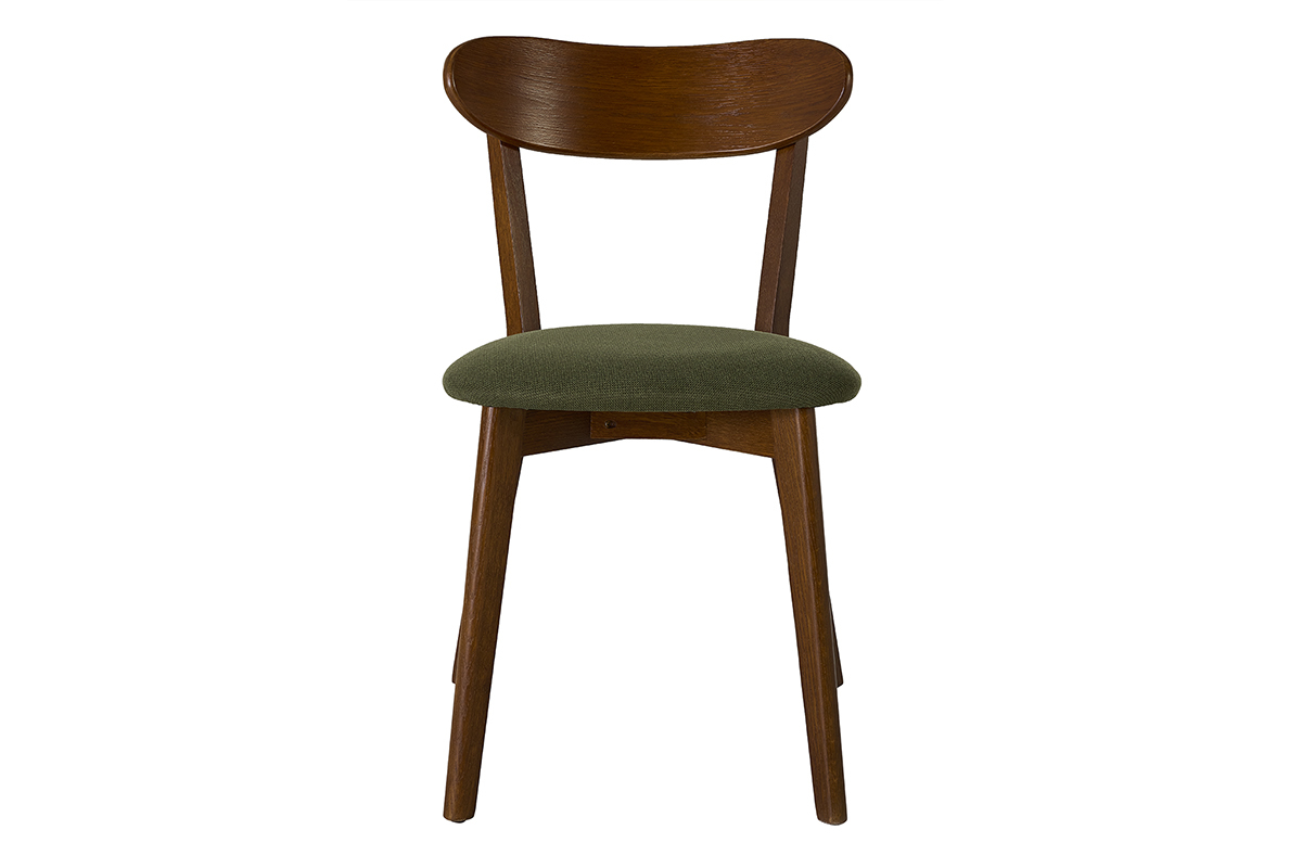 Chaise vintage DOVE en bois fonc� et tissu effet velours textur� vert kaki, vue de face.