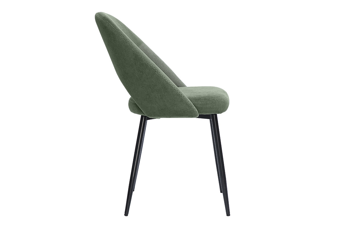 Chaise en tissu velours c�tel� vert kaki, vue de c�t�, pieds en m�tal noir.