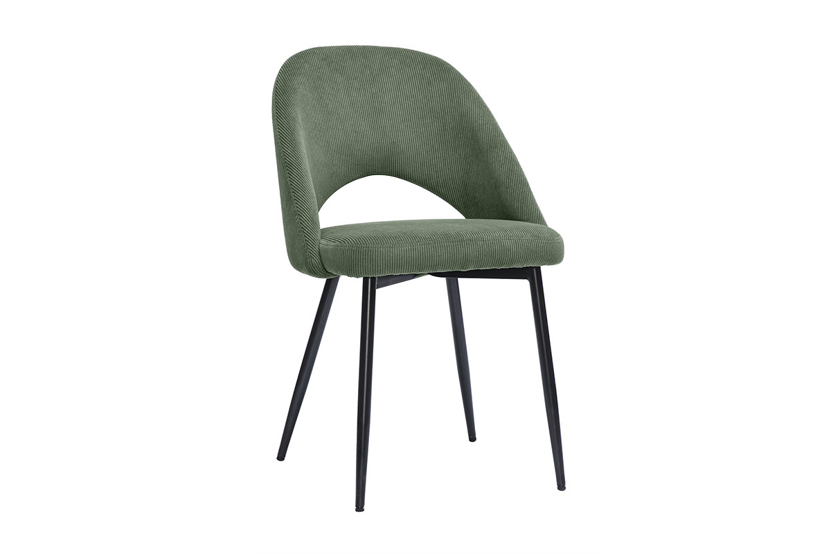 Chaise en velours c�tel� vert kaki, pieds en m�tal noir, vue de 3/4.
