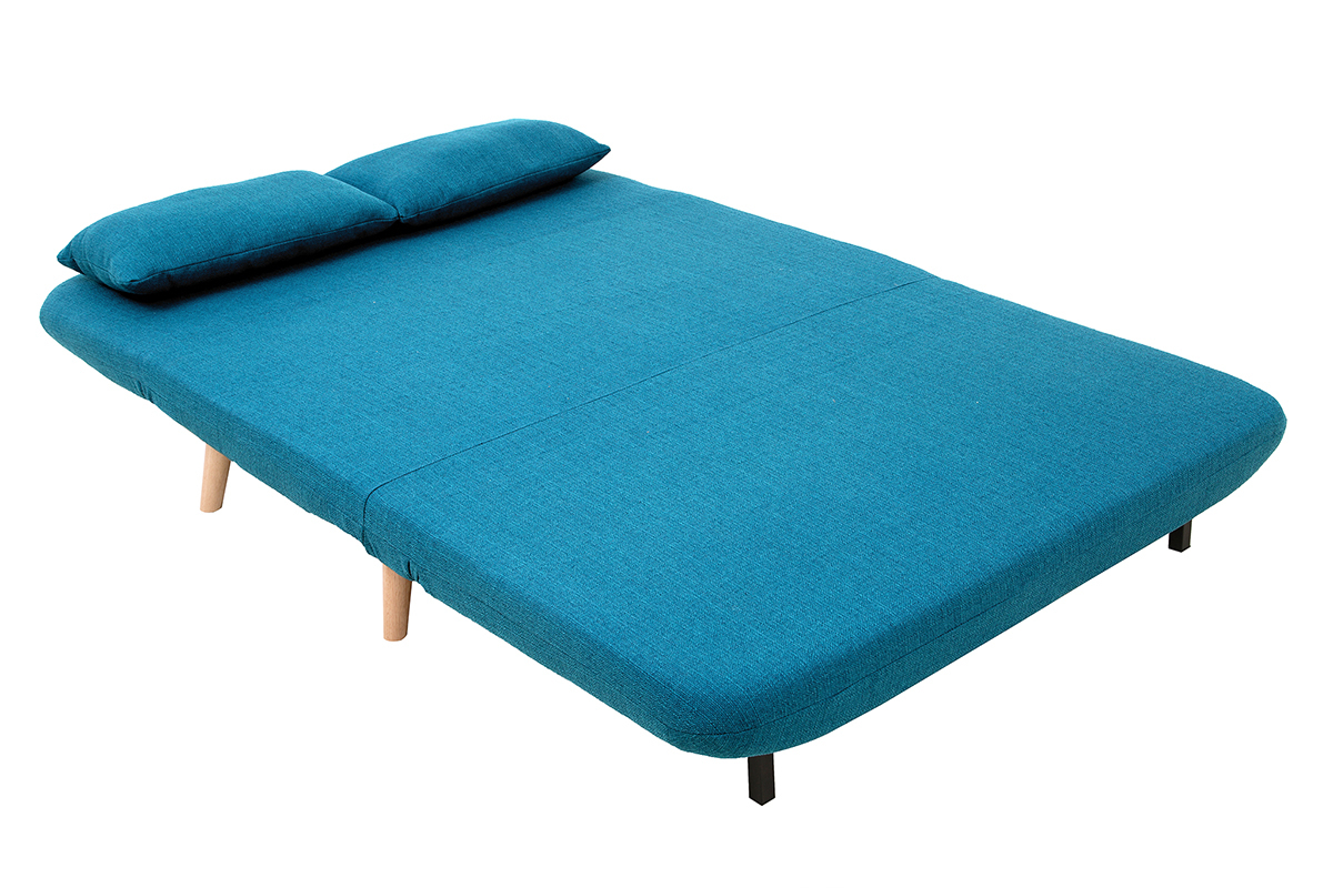 Chauffeuse 2 places convertible en tissu bleu canard et bois clair AMIKO