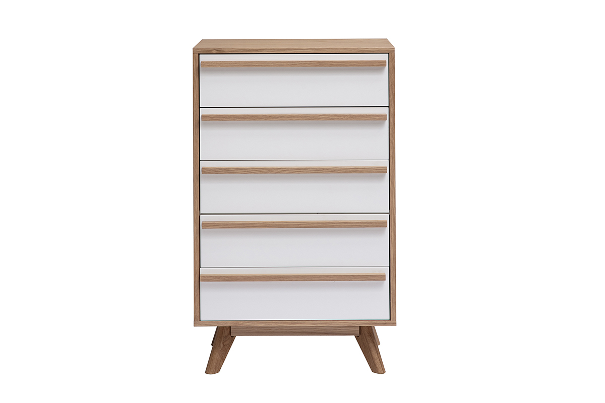 Commode scandinave HELIA 5 tiroirs, blanc et bois clair, vue de face.