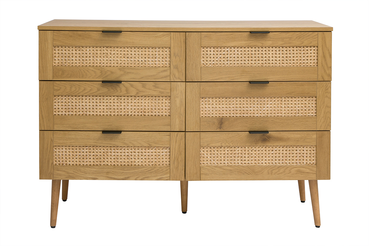 Commode finition bois clair, cannage en rotin et m�tal noir 6 tiroirs L120 cm MANILLE