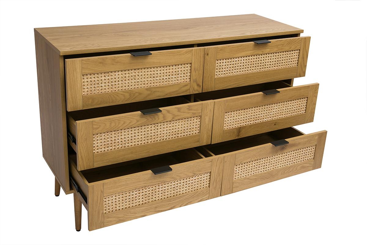 Commode finition bois clair, cannage en rotin et m�tal noir 6 tiroirs L120 cm MANILLE
