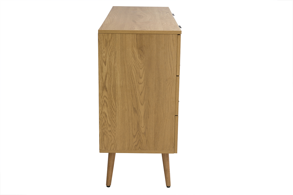 Commode finition bois clair, cannage en rotin et m�tal noir 6 tiroirs L120 cm MANILLE