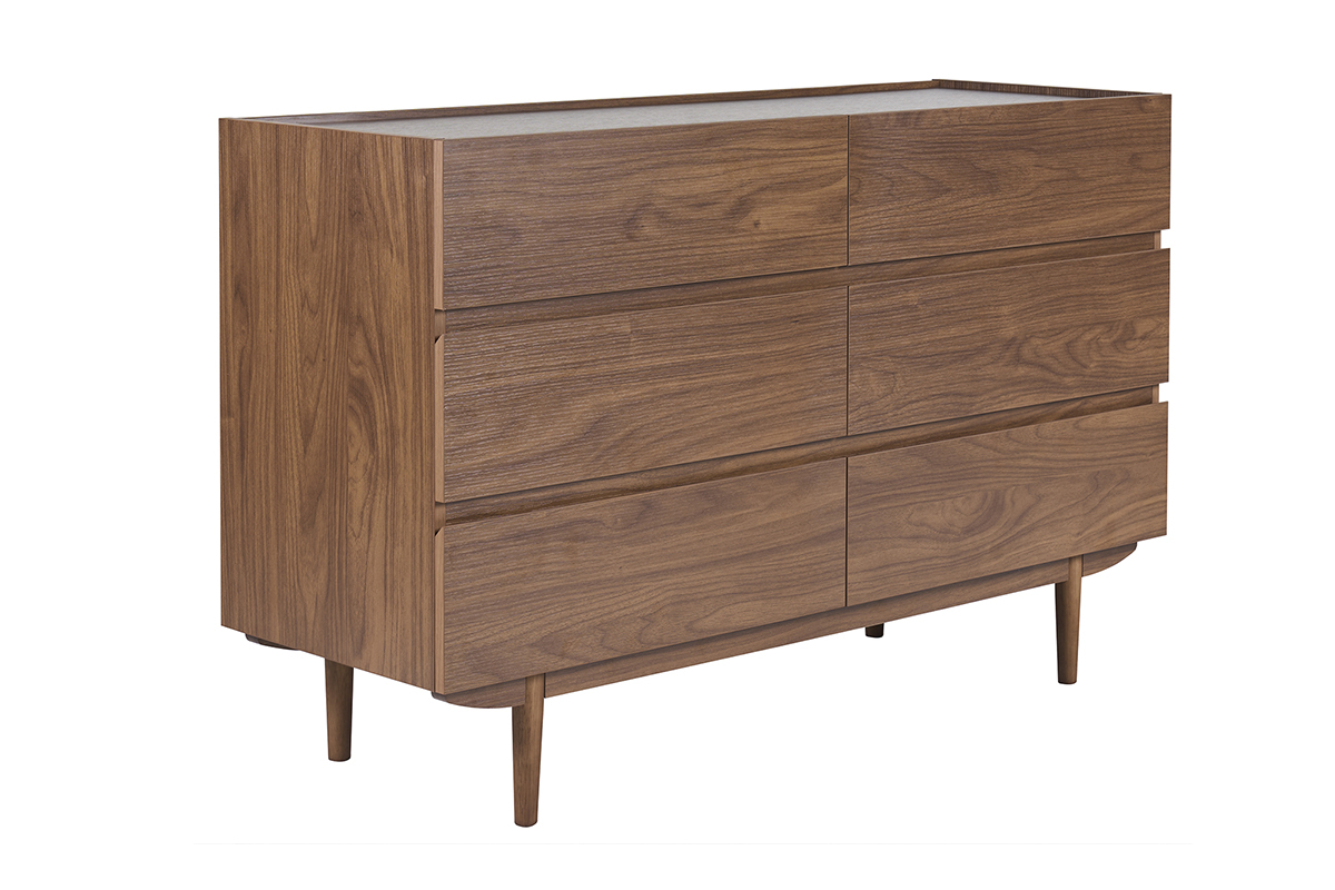 Commode en bois fonc� noyer avec 6 tiroirs, vue de trois quarts.