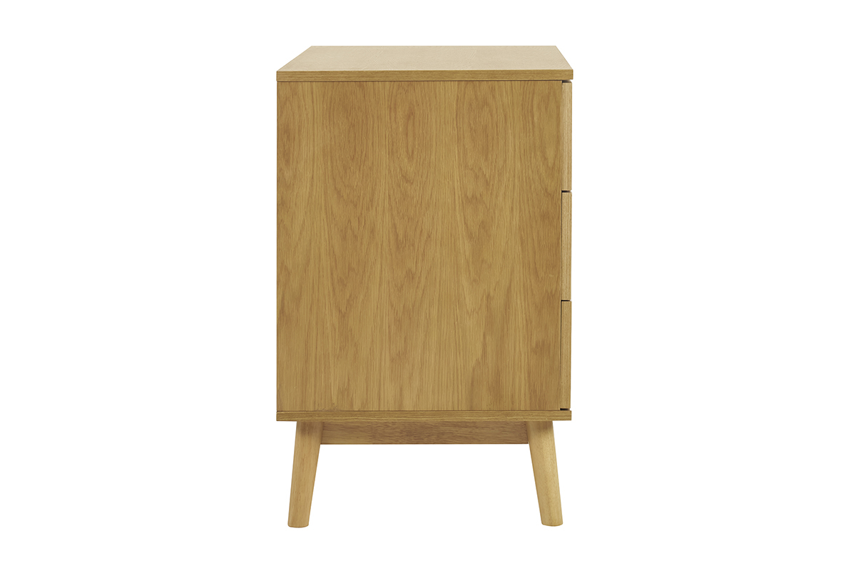 Commode scandinave bois clair 3 tiroirs, vue de profil, pieds compas.