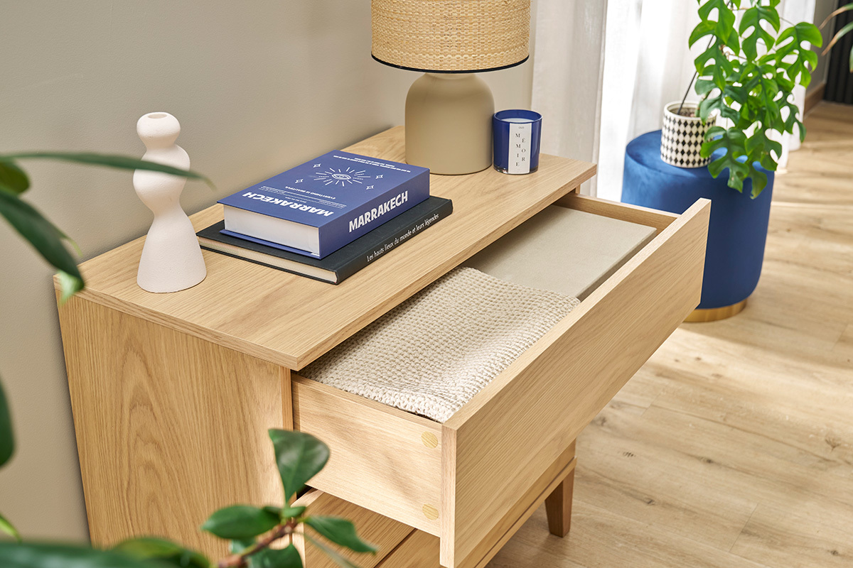 Commode scandinave en bois clair ch�ne 3 tiroirs L80 cm FREDDY