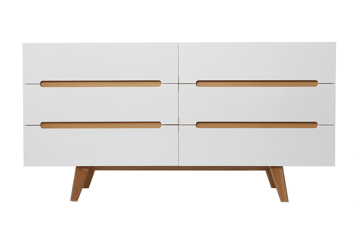 Commode scandinave finition blanc laqu� brillant 6 tiroirs L160 cm MELKA