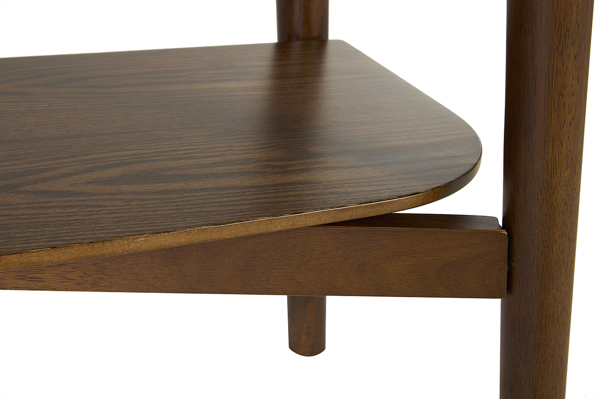 D�tail de la console en bois fonc� CENDY avec bords arrondis de plateau.