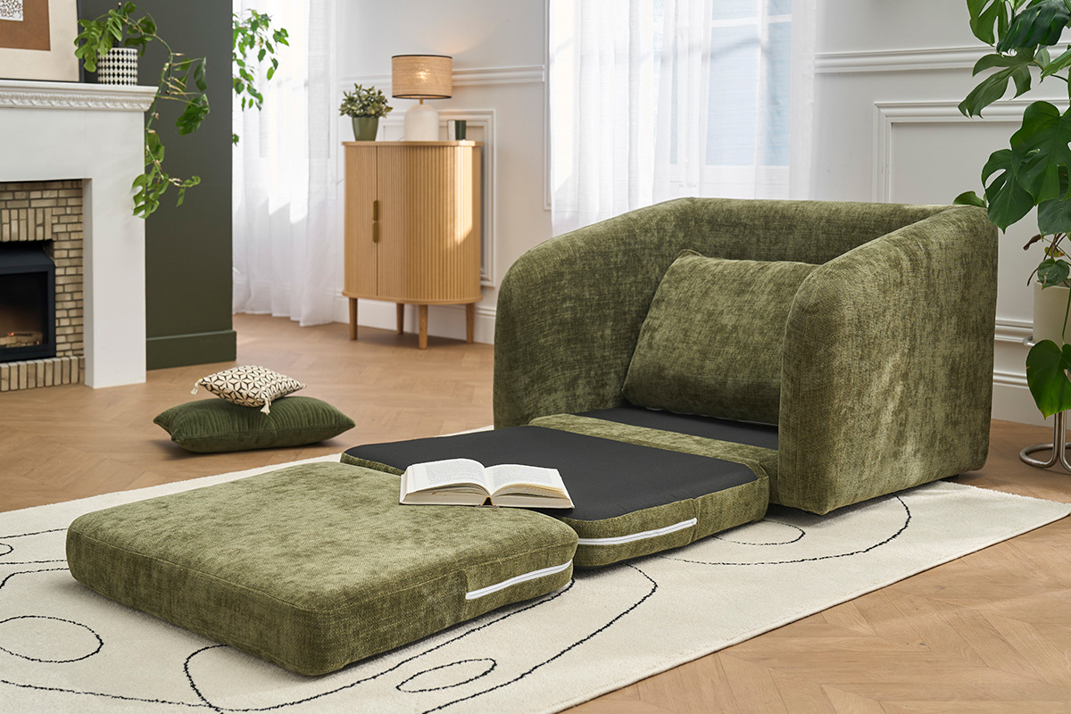Fauteuil convertible en tissu effet velours textur� vert kaki MAHAUT