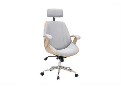 Fauteuil de bureau de direction design en tissu gris, bois clair et acier chrom&eacute; MUSK