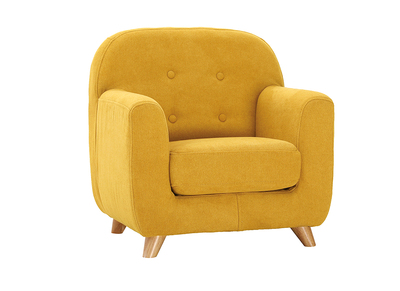 Fauteuil enfant scandinave en tissu effet velours jaune moutarde et bois clair NORKID