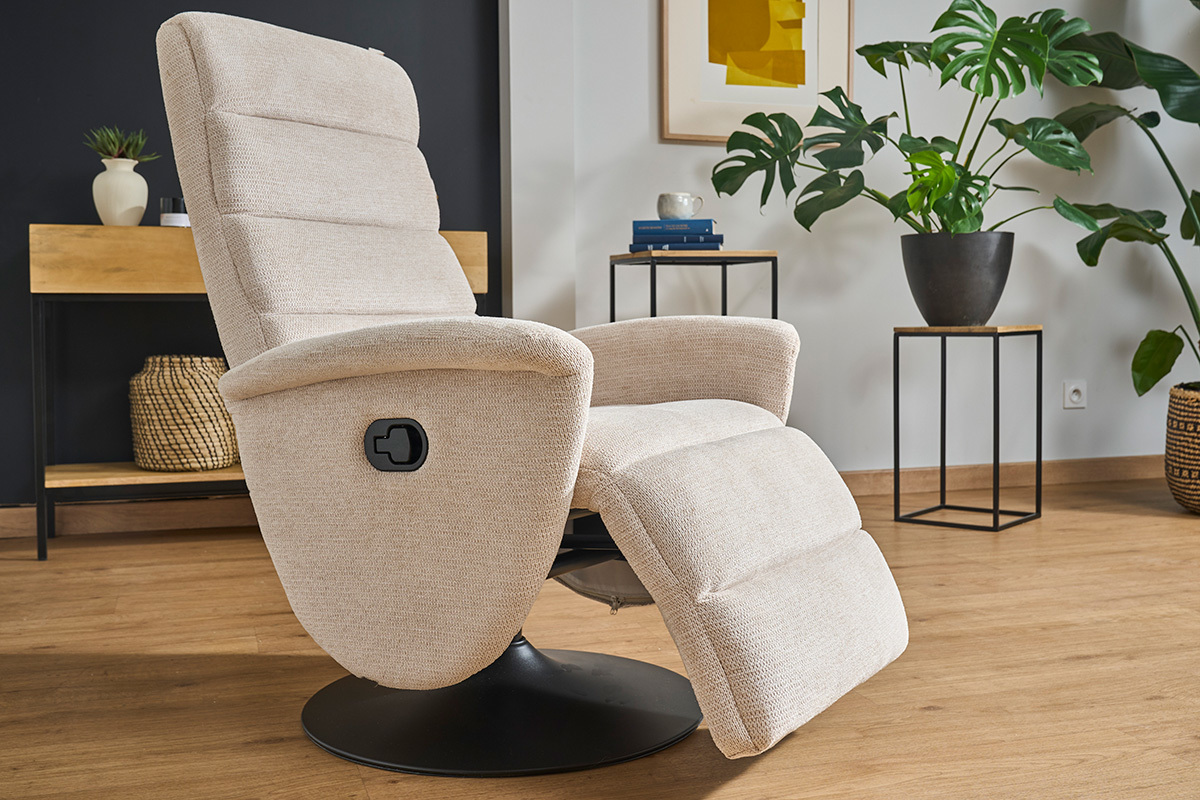 Fauteuil pivotant relax manuel en tissu chenille beige NELSON