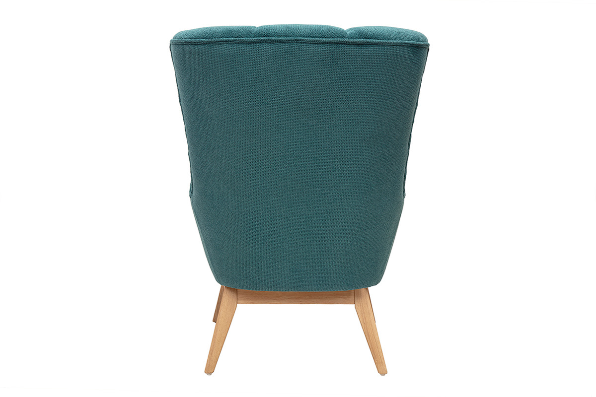 Fauteuil scandinave en tissu chenille bleu canard et bois clair BRODY
