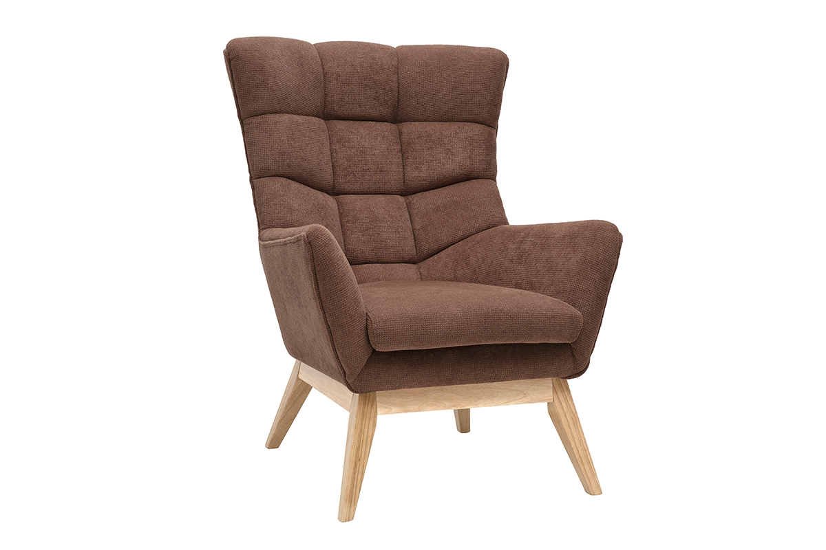 Fauteuil scandinave en tissu velours terre br�l�e, pieds bois clair, vue de trois quarts.