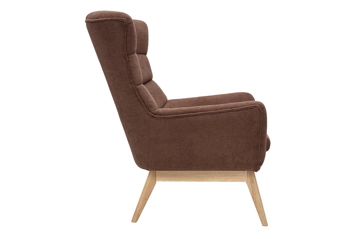 Fauteuil scandinave en tissu terre br�l�e, vue de profil.