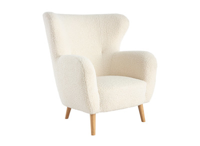 Fauteuil scandinave en tissu effet peau de mouton blanc et bois clair KORO
