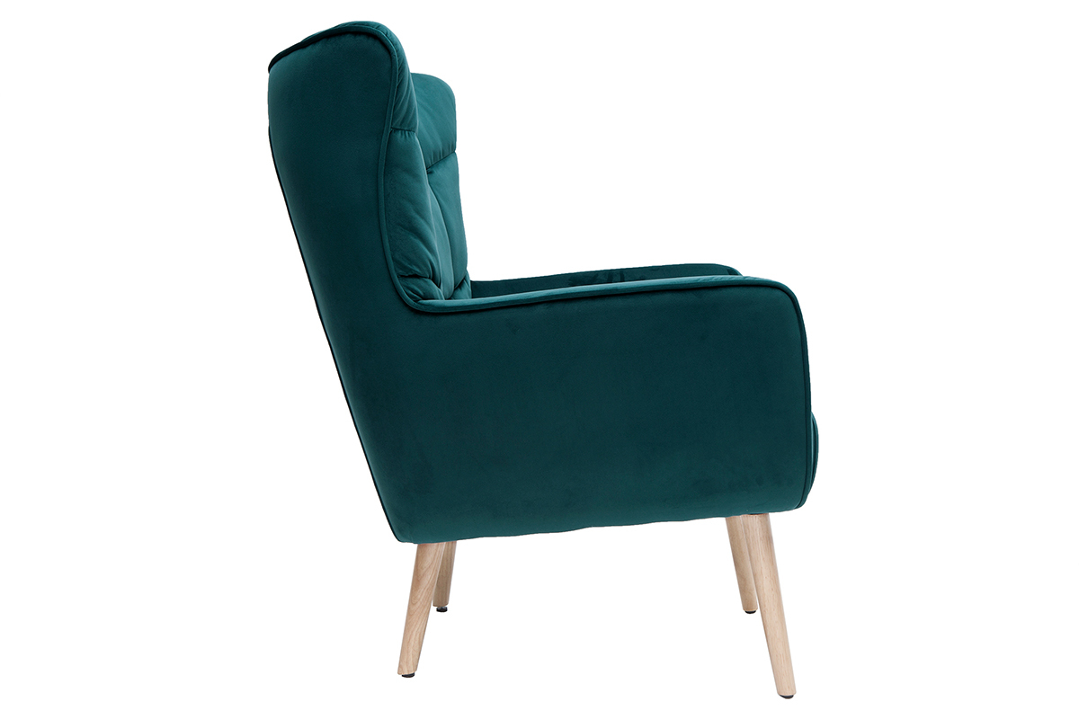 Fauteuil scandinave en tissu velours bleu p�trole et bois clair AVERY