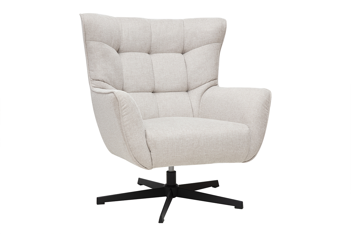 Fauteuil scandinave beige AVERY, vue de 3/4, avec pied pivotant noir.