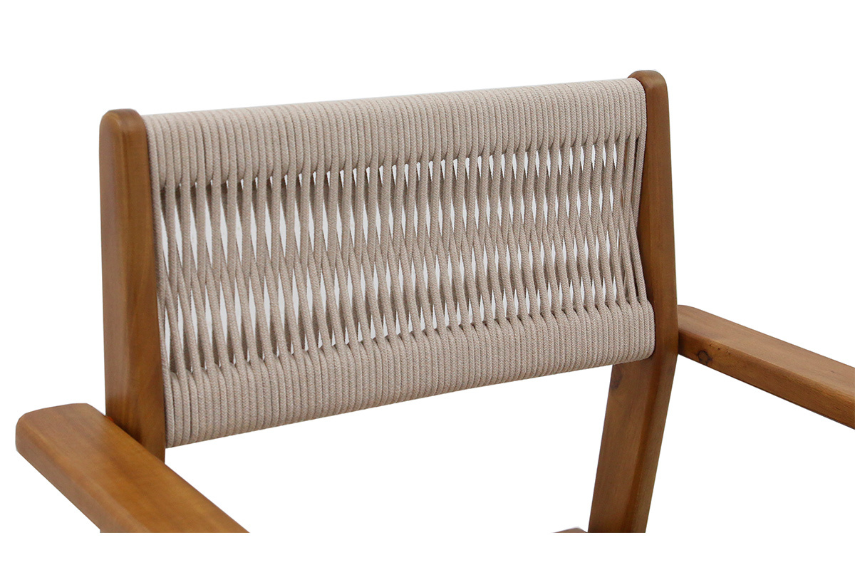 Dossier en corde tress�e d'un fauteuil de jardin ZEPHYR en bois massif.