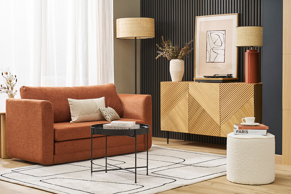 Lampe � poser en c�ramique �maill�e terracotta et abat-jour en raphia naturel H64 cm MAJES