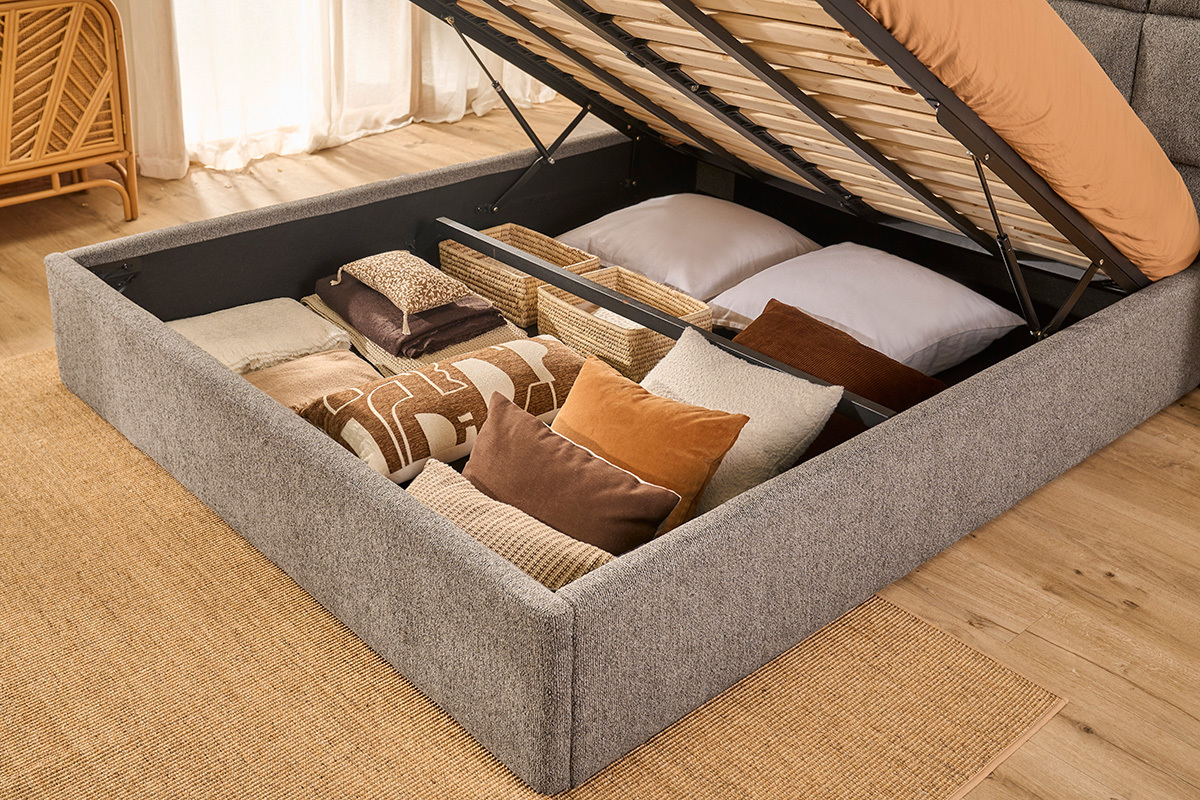 Lit coffre 2 places 160x200 cm en tissu textur� taupe HONO