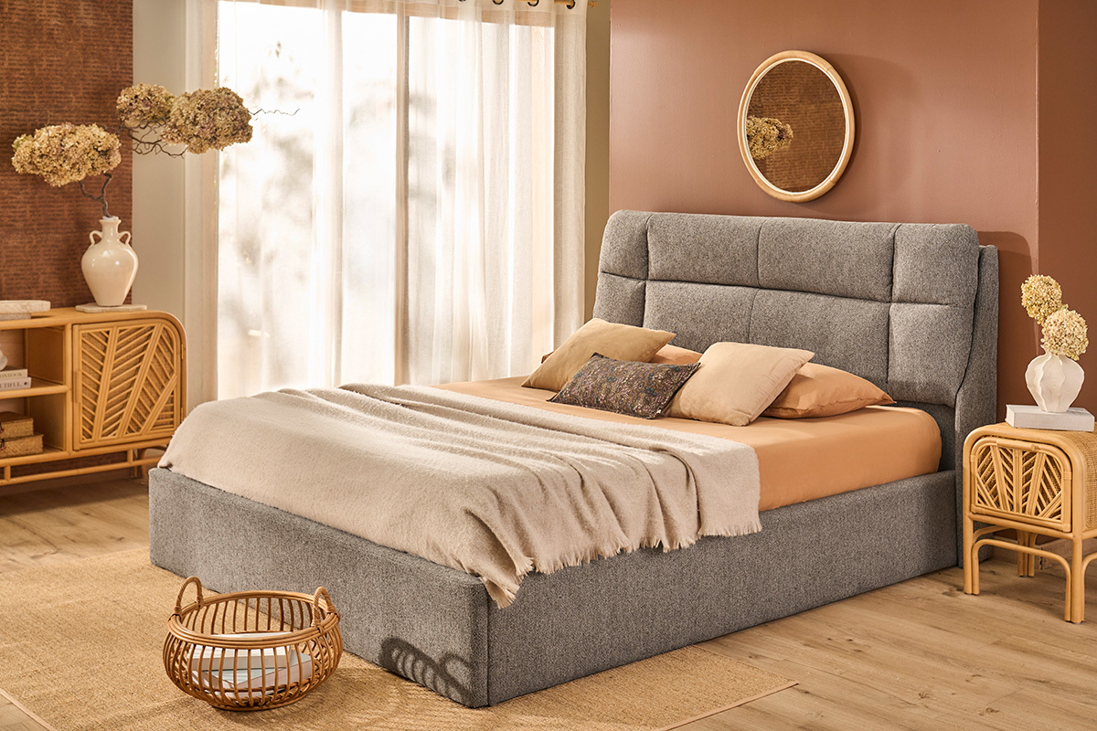 Lit coffre 2 places 160x200 cm en tissu textur� taupe HONO