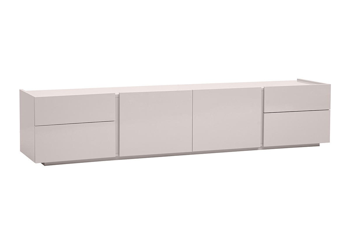 Meuble TV design beige laqu� brillant avec rangements, vue de 3/4.