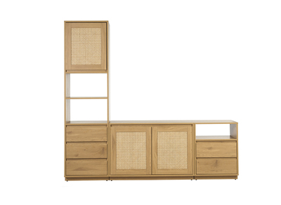 Meuble TV finition bois clair ch&ecirc;ne et cannage rotin L196 cm SEVILLE
