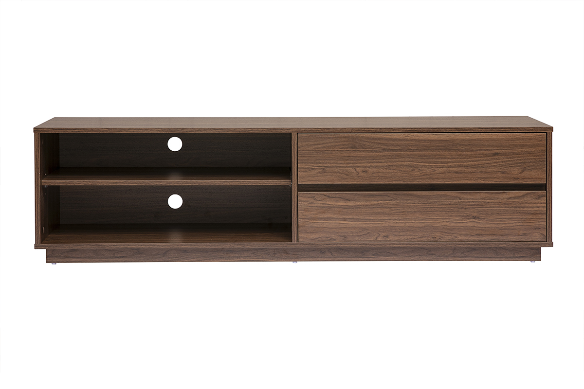Meuble TV en bois fonc� noyer, 2 tiroirs et 2 niches, vue de face.