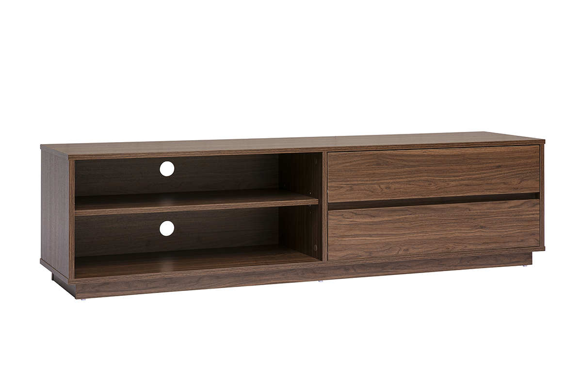 Meuble TV en bois fonc� noyer avec deux tiroirs et deux niches ouvertes, vue de 3/4.