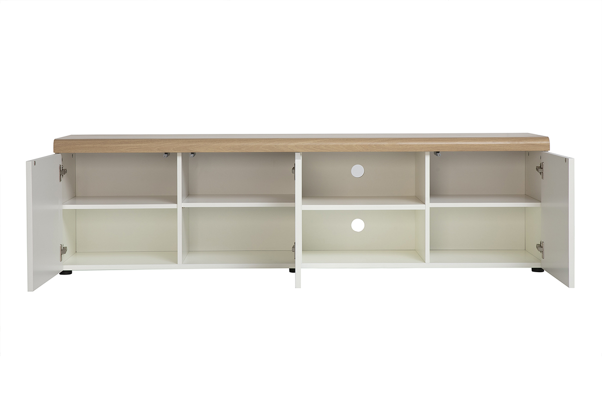 Meuble TV scandinave blanc avec finition bois clair, vue de face, avec rangements ouverts et ferm�s.