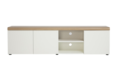 Meuble TV scandinave blanc et finition bois clair avec rangements L180 cm LEANA