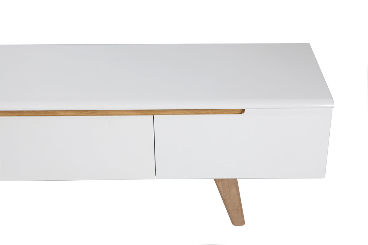 Meuble TV scandinave blanc laqu� brillant et bois L180 cm MELKA