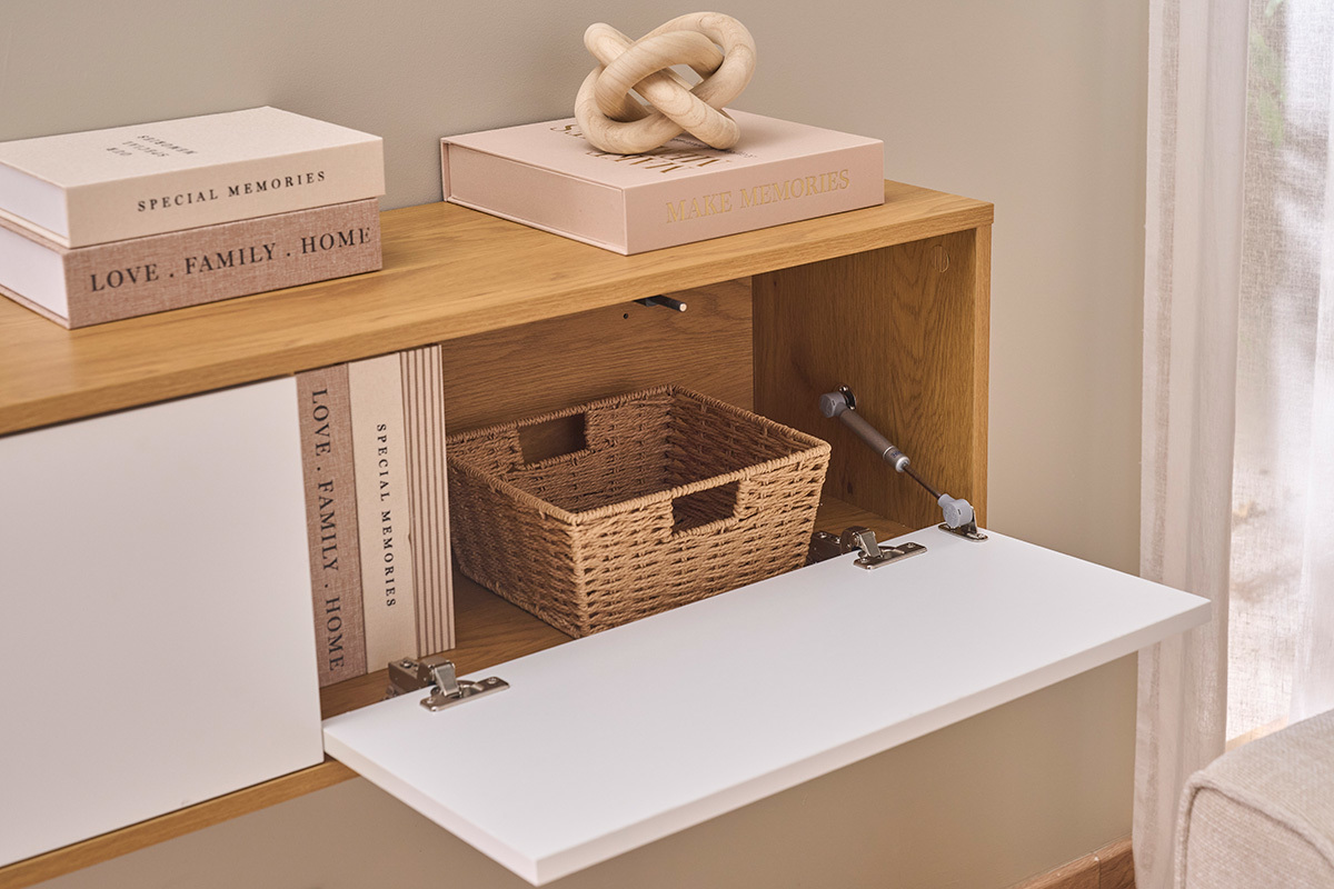 Meuble TV suspendu finition blanche et bois clair ch�ne L120 cm FLEXO