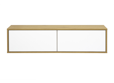 Meuble TV suspendu finition blanche et bois clair ch&ecirc;ne L120 cm FLEXO