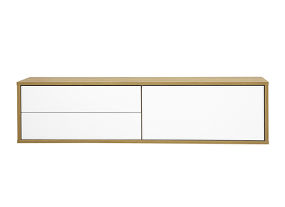 Meuble TV suspendu finition blanche et bois clair ch&ecirc;ne L120 cm FLEXO