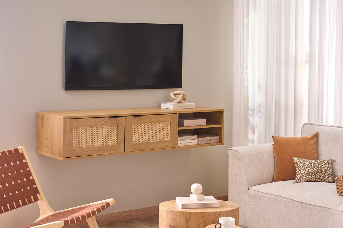 Meuble TV suspendu finition bois clair et cannage rotin 2 portes L150 cm MANILLE