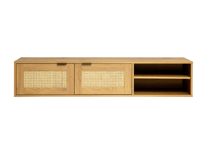 Meuble TV suspendu finition bois clair et cannage rotin 2 portes L150 cm MANILLE