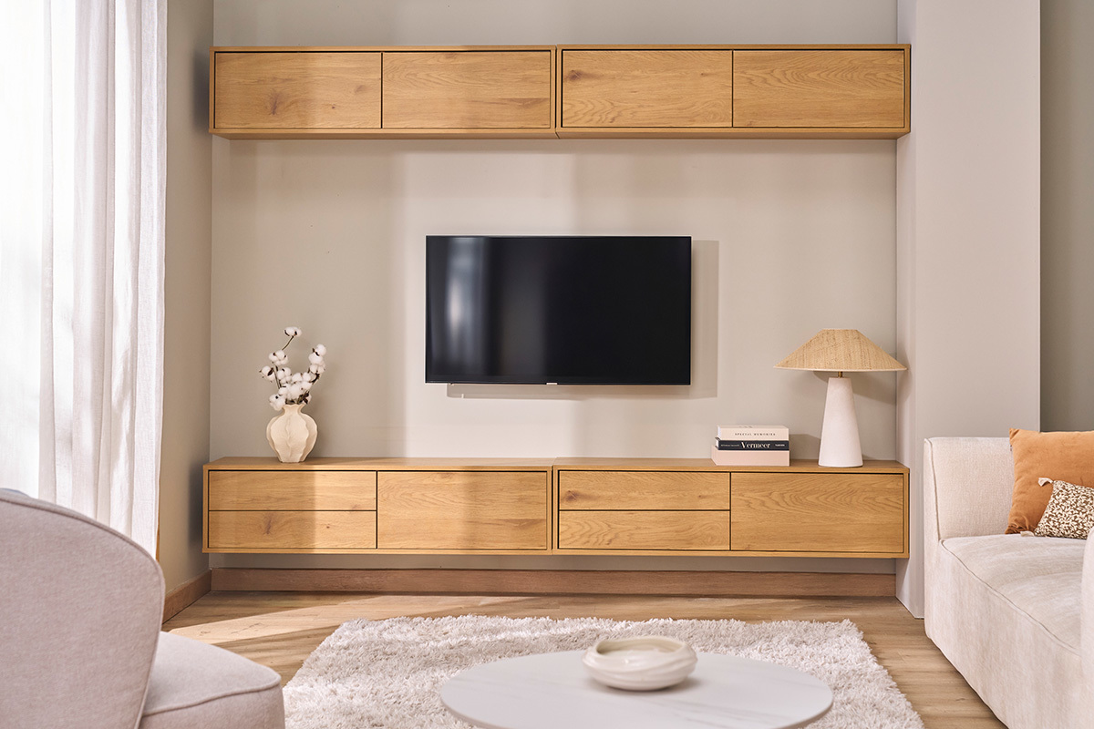 Meuble TV suspendu finition bois fonc� noyer L120 cm FLEXO