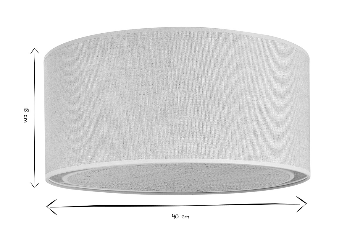 Dimensions du plafonnier cylindrique en lin et rabane, 40 cm de diam�tre, 18 cm de hauteur, en noir et blanc.