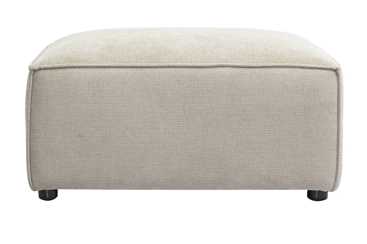 Pouf rectangulaire en tissu chenille beige vue de face avec pieds discrets.
