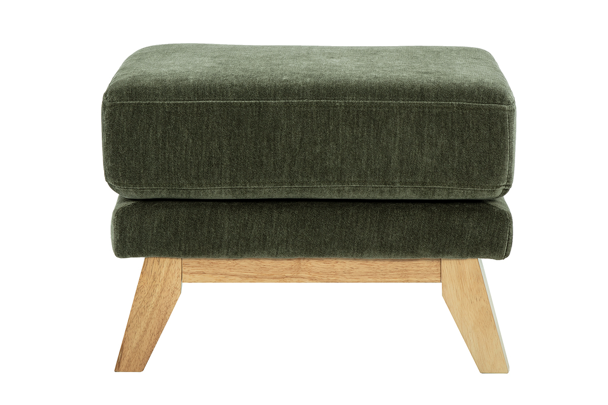 Pouf repose-pieds vert kaki en tissu effet velours avec pieds en bois clair, vue de face.