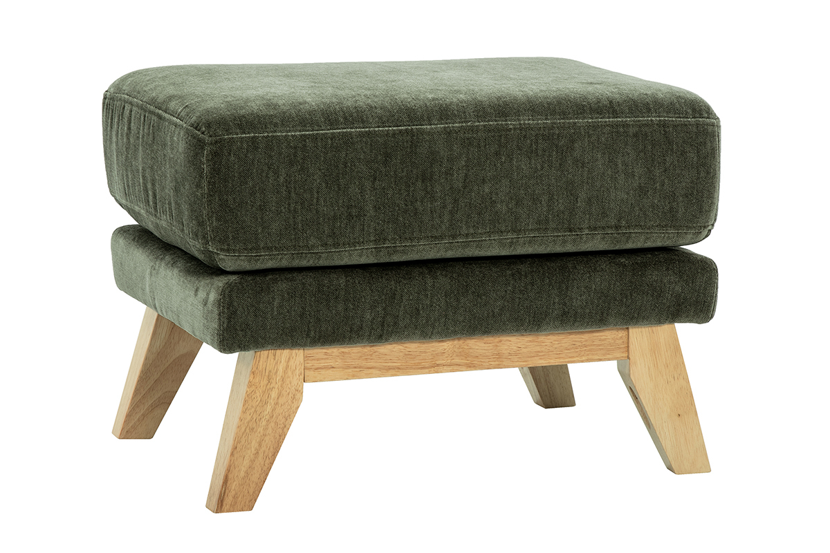 Pouf scandinave vert kaki sur pieds en bois clair, vue de 3/4.