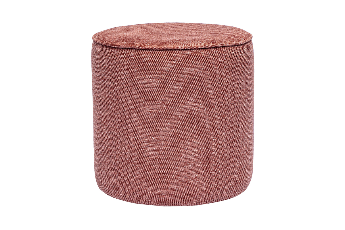 Pouf rond en tissu velours terracotta, vue de face.