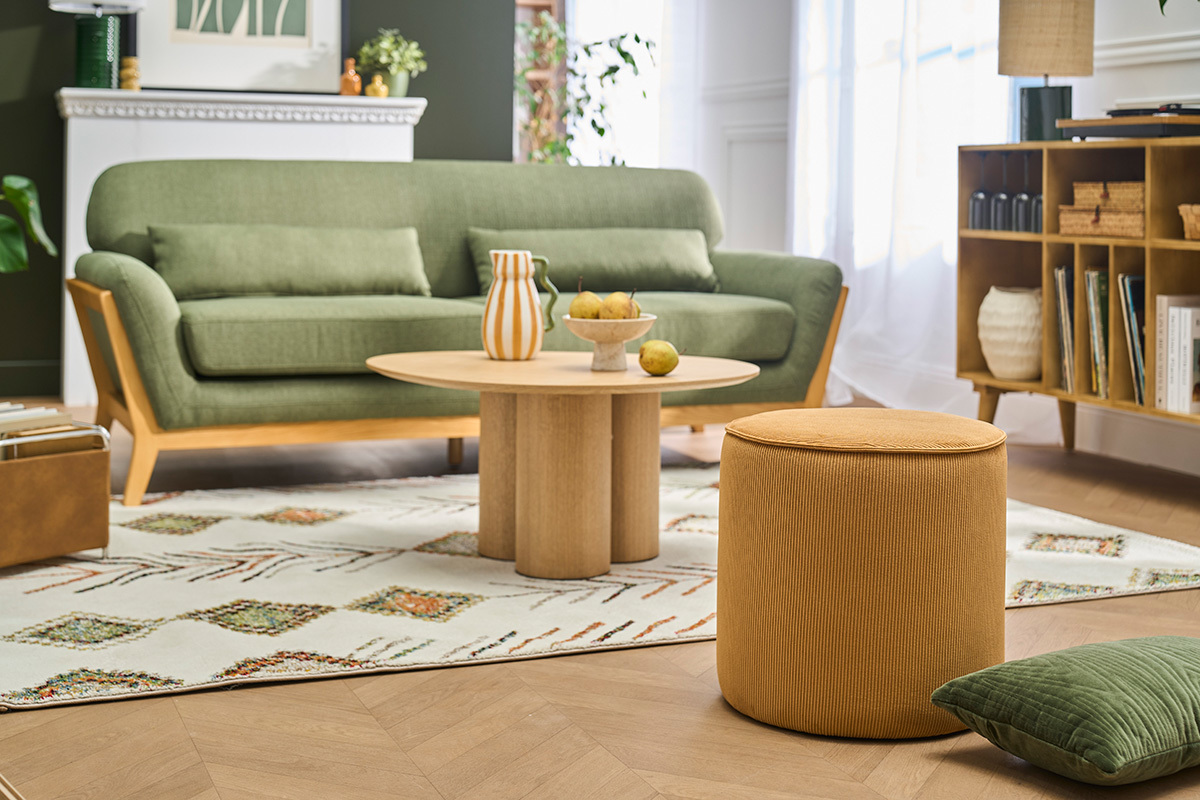 Pouf rond en tissu velours c�tel� jaune curry D40 cm PAUL