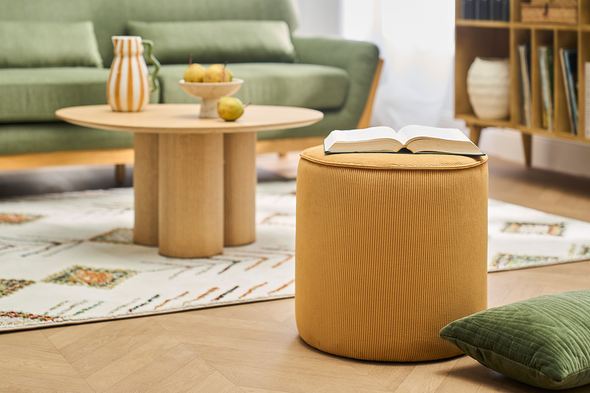 Pouf rond en tissu velours c�tel� jaune curry D40 cm PAUL