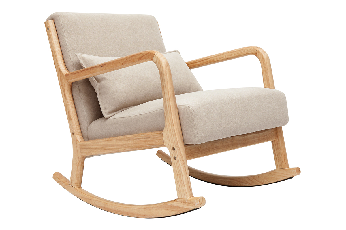 Rocking chair scandinave en tissu effet velours beige et bois clair massif DERRY