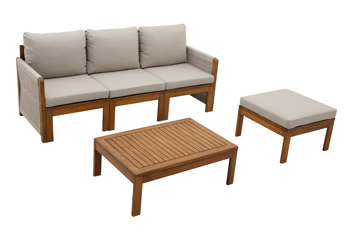 Salon de jardin 3-4 places en bois massif, 2 sets de housse (taupe ou �cru) et accoudoirs tress�s ALOHA