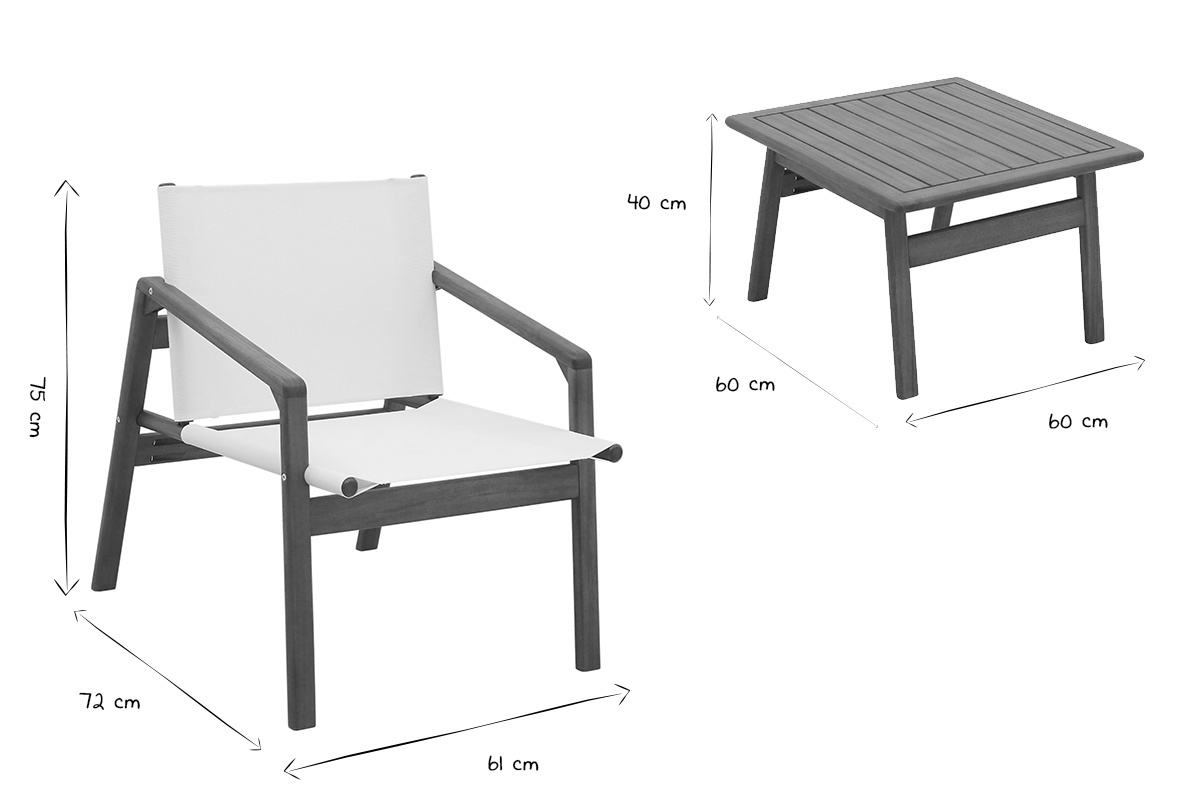 Dimensions d'un fauteuil et table en bois massif, noir et blanc.